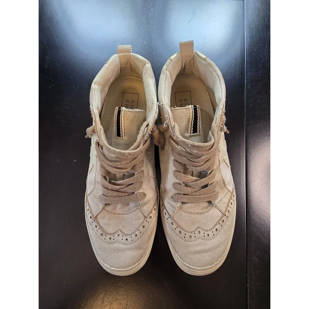SHU SHOP Serena High‎ Top Sneakers Star Distressed Taupe Snake Gold Size 7.5